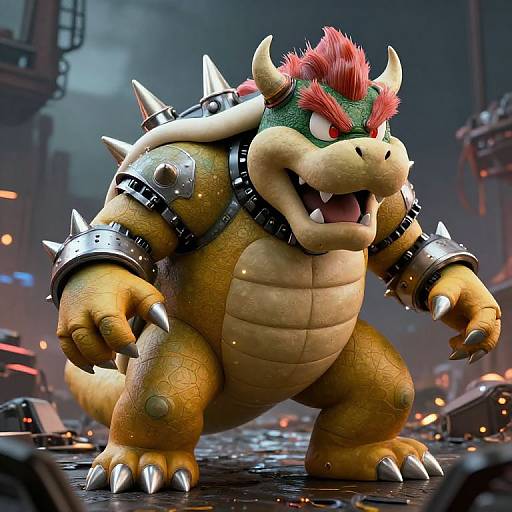 CGI image of Bowser from Mario series, standing in a dark, industrial cityscape. He has yellow scales, red hair, green shell with