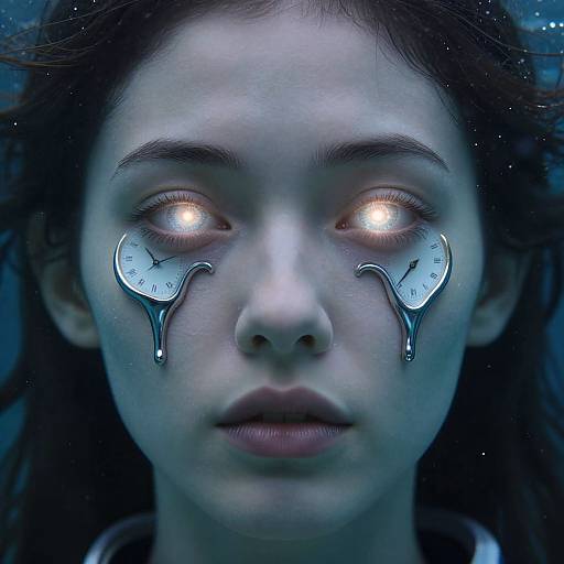 Photographic CGI of a young woman with glowing orange eyes, tear-shaped clocks dripping metallic water, against a dark, starry background.