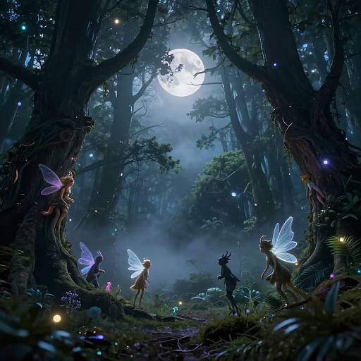 Whimsical digital painting of a moonlit forest with glowing fairy lights, four glowing fairy-like creatures, and a silhouetted deer, surrounded