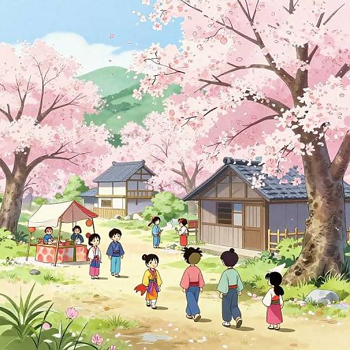 Anime-style digital drawing of a cherry blossom village with children and villagers under pink trees, traditional houses, and a food stall.