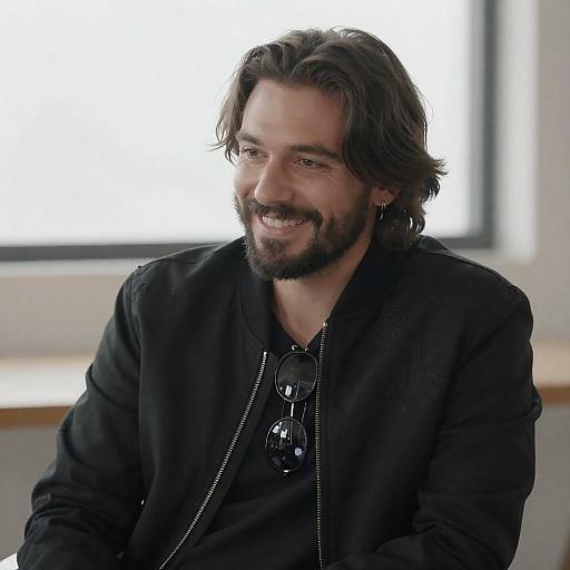 Smiling Bearded Man in Black Jacket