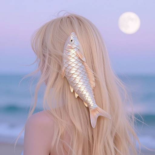 Photograph of a blonde woman with long, wavy hair, a silver fish digitally inserted over her head, standing on a beach with a blue ocean