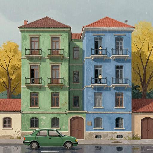 Urban Rainy Scene with Colorful Buildings