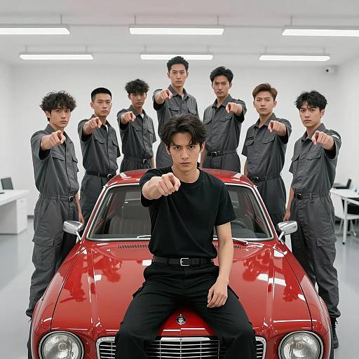 Men in Gray Jumpsuits on Vintage Car