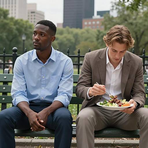 Two men on park bench with food and thoughtful expression