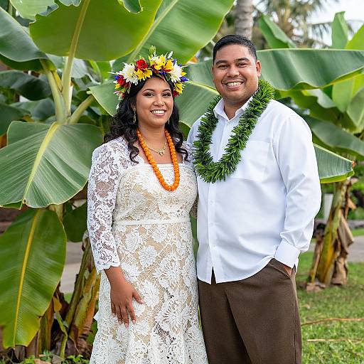 Photograph of smiling couple; woman in white lace dress, flower crown, orange necklace; man in white shirt, brown pants, green garland,