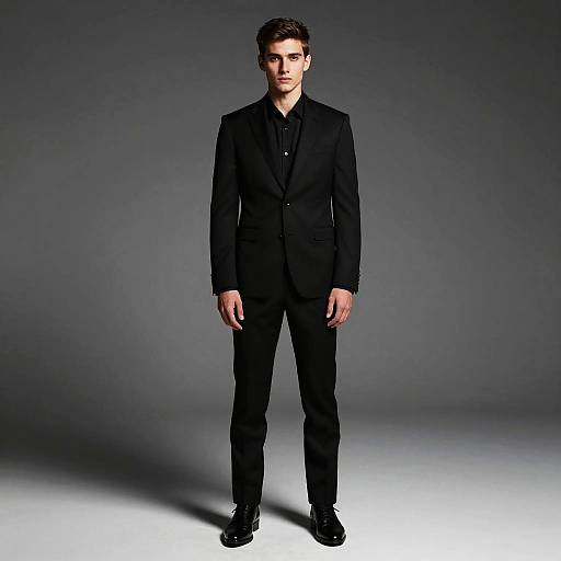 Photograph of a young man with short dark hair, wearing a black suit, black shirt, and black shoes, standing against a gradient gray background.