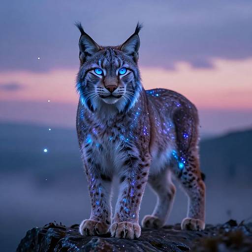 Photorealistic digital artwork of a glowing blue-eyed lynx standing on a rock at sunset, with magical blue and purple light effects.