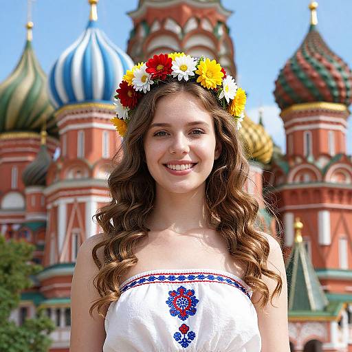 Young woman with curly brown hair, yellow and white flower crown, white strapless dress with blue embroidery, smiling in front of colorful Kremlin domes.