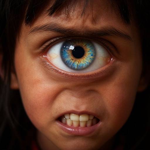 Close-up photograph of a young person with intense blue heterochromic eyes, gritted teeth, and dark hair, set against a black background.