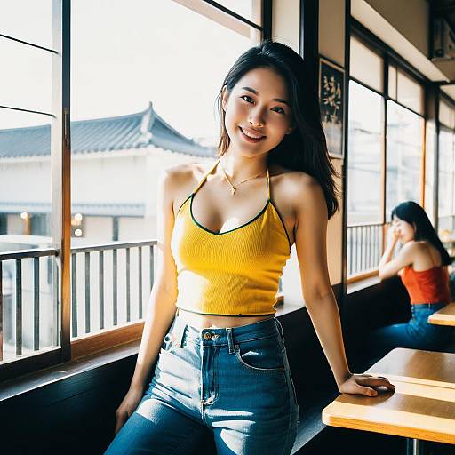 Smiling Asian Woman in Yellow Halter Top by Window