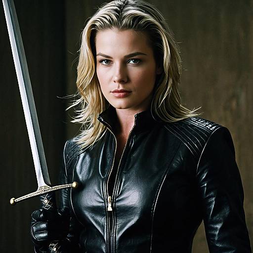 Close-Up Woman in Leather Suit with Sword