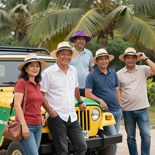 Friends Enjoying Adventure by Colorful Jeep