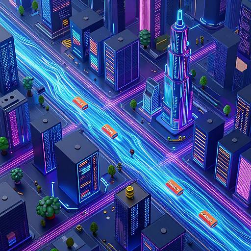 Neon-lit, futuristic cityscape CGI: glowing blue and pink lights illuminate skyscrapers and street, with cars and trees, capturing vibrant,
