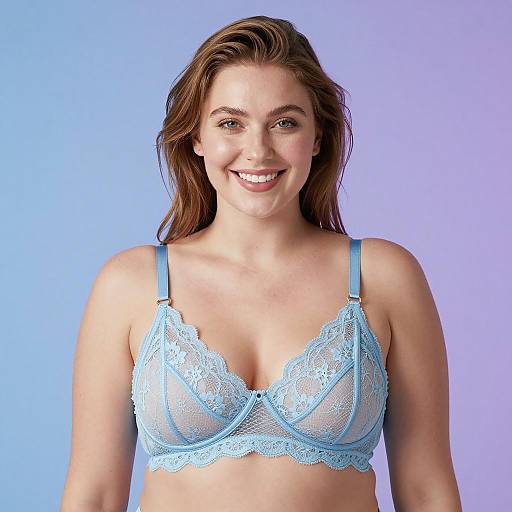 Smiling Woman in Light Blue Lace Bra