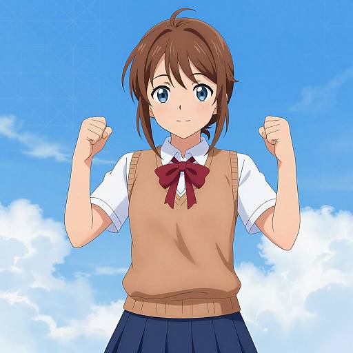 Anime-style digital drawing of a brown-haired girl with blue eyes, wearing a beige sleeveless sweater, white shirt, red bow, and navy skirt,