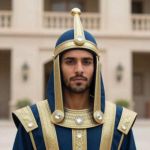 Photograph of a Middle Eastern man with dark skin and short beard, wearing an ornate blue and gold headdress and robe, standing in front of