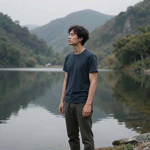 Contemplative Man by Serene Mountain Lake