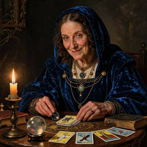 Photograph of a smiling elderly woman in a blue velvet hooded robe, wearing jewelry, shuffling tarot cards by candlelight on a wooden table