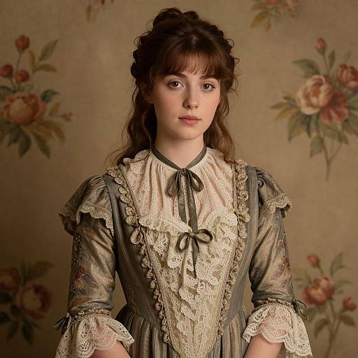 Photograph of a young woman with pale skin, brown hair in a bun, wearing a Victorian-style lace and ribbon dress, set against a floral-pattern