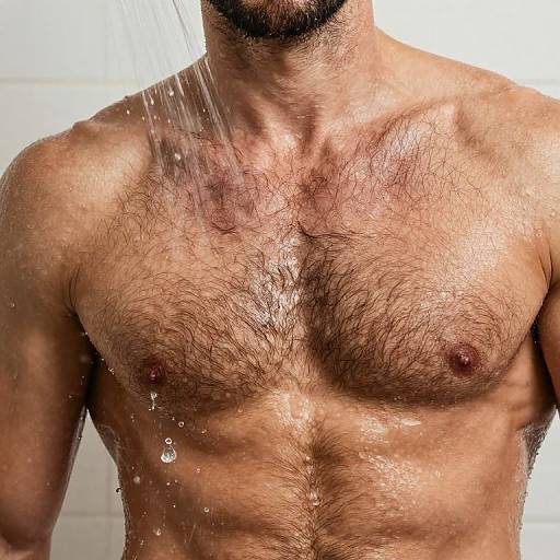 Photograph of a muscular, hairy-chested man with light skin showering, water droplets visible on his chest and torso.