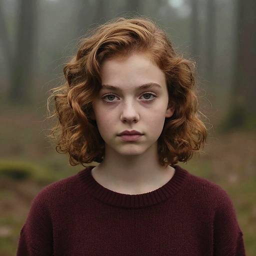Photograph of a young, fair-skinned woman with curly red hair, wearing a maroon sweater, standing in a foggy forest.