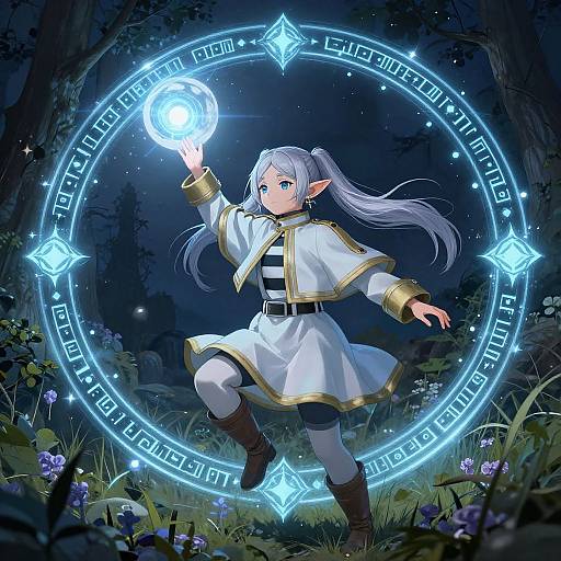 Digital anime artwork of a silver-haired elf girl in white mage robes, casting a glowing blue spell in a moonlit forest.