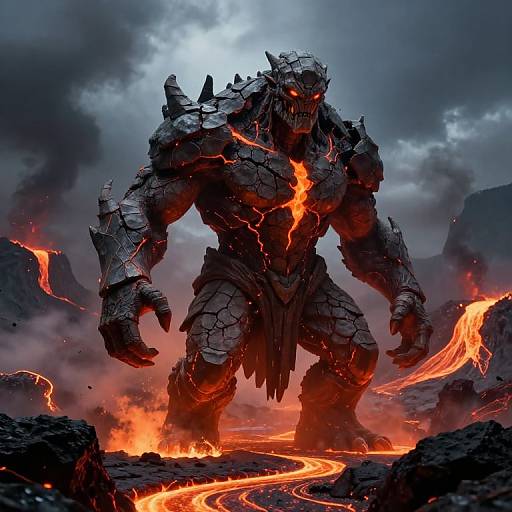 Digital artwork of a massive, armored, black Godzilla-like monster with glowing red cracks, standing in a volcanic, fiery landscape.