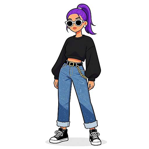 Digital drawing of a punk-style girl with purple ponytail, black crop top, high-waisted blue jeans, black sneakers, sunglasses, and a
