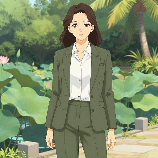 Woman in Olive Green Suit in Tropical Garden
