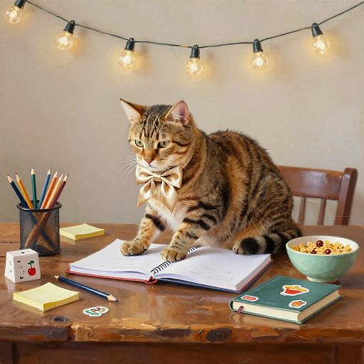 Cozy Cat Studying at Rustic Table
