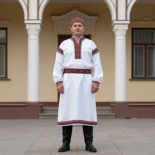 Photograph of a young man in traditional white Beshketnik attire with red and black embroidery, black boots, and a matching headband, standing