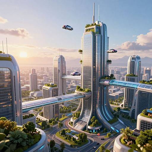 Digital art of a futuristic city with towering, glass skyscrapers, flying cars, and green rooftops, set against a sunset sky.