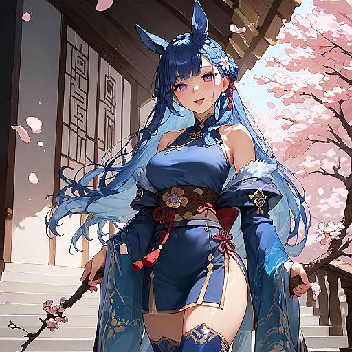Digital anime artwork of a blue-haired, purple-eyed, fox-eared woman in a revealing blue kimono, standing in front of a cherry blossom tree