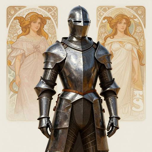 Digital art: Centered armored knight with mirrored helmet, flanked by two ethereal, golden-haired women in flowing white dresses, ornate background.