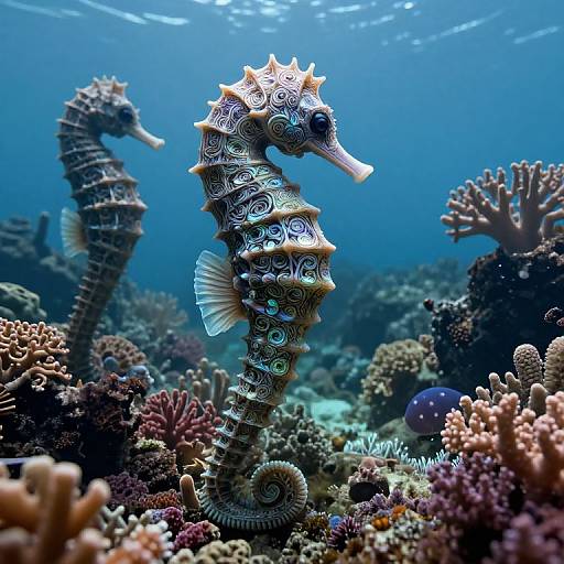 Photograph of a detailed, ornate seahorse with spiraled patterns, swimming amidst colorful coral reefs and ocean creatures, under blue underwater light.