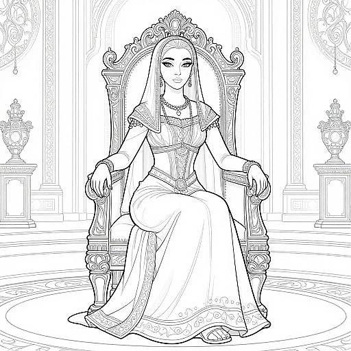 Black-and-white line drawing of a regal woman with long hair, wearing a detailed, flowing gown and crown, seated on an ornate throne in
