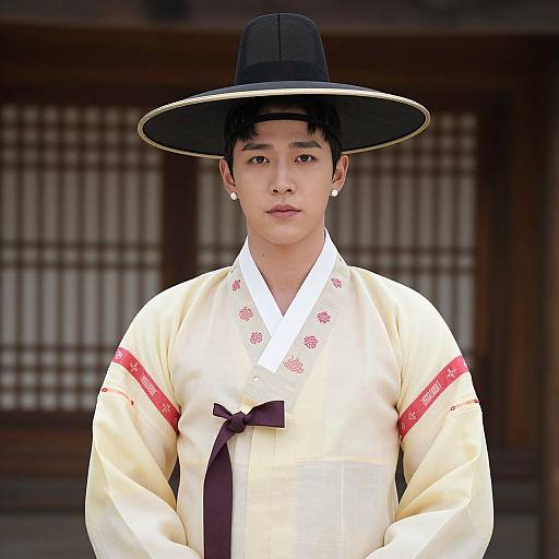 Photograph of a young Asian man in traditional Korean attire, wearing a black hat, white kimono with red trim, and black ribbon, standing in