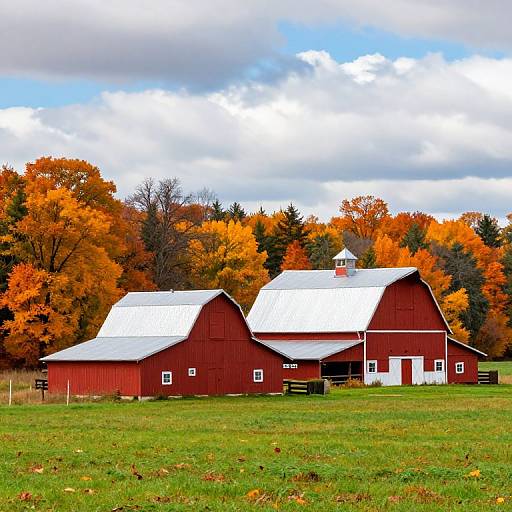 Photograph of a red barn with white trim, surrounded by vibrant autumn trees, under a cloudy blue sky, on a green grassy field.