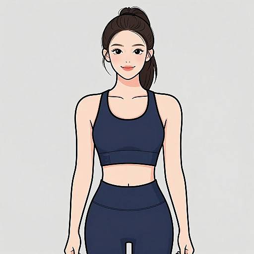 Digital drawing of a smiling young woman with fair skin, black hair in a ponytail, wearing a black sports bra and matching high-waisted leggings