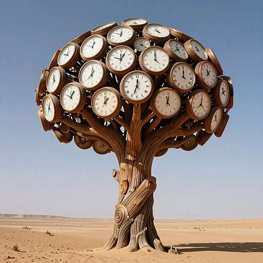Photograph of a large, ornate clock tree with numerous white clocks on a brown, twisted trunk, set in a desert landscape under a clear blue