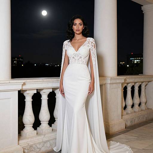 Photograph of a dark-haired woman in a white lace-embellished, deep V-neck wedding gown with long cape, standing on a marble balcony