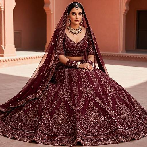 Photograph of a South Asian woman in an elaborate maroon bridal lehenga with intricate gold embroidery, seated in a sunlit courtyard with pink sandstone