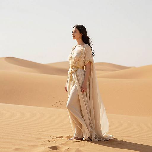 Photograph of a woman with long dark hair in a flowing, beige, ancient-style dress standing in a sunlit, sandy desert with dune patterns
