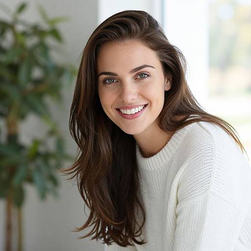 Photograph of a smiling young woman with long brown hair, wearing a white knit sweater, standing in a bright room with blurred green plants in the background