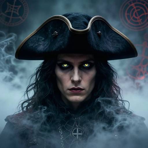 Photograph of a fierce, pale-skinned pirate with glowing green eyes, wearing a large black tricorn hat, surrounded by mist and red magical symbols