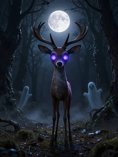 Digital artwork of a glowing blue-eyed, antlered deer with a full moon in the background, surrounded by ghostly figures in a dark, mist