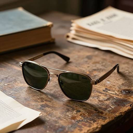 Photograph of vintage aviator sunglasses with dark lenses, resting on a worn, rustic wooden table, next to stacked books and papers.
