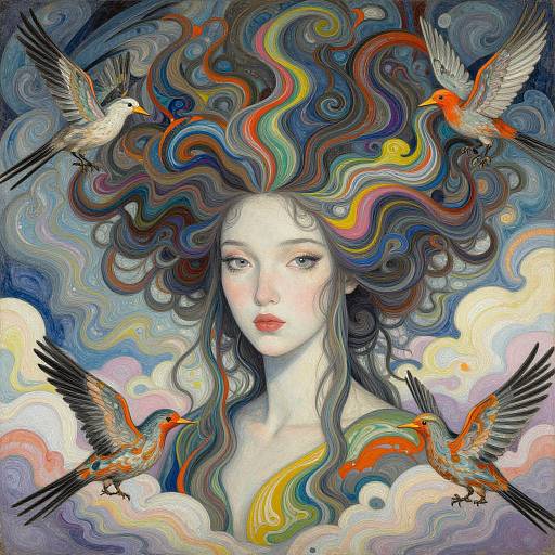 Digital painting of a pale-skinned woman with flowing, multicolored, wavy hair surrounded by four colorful birds against a swirling, cloud-filled sky