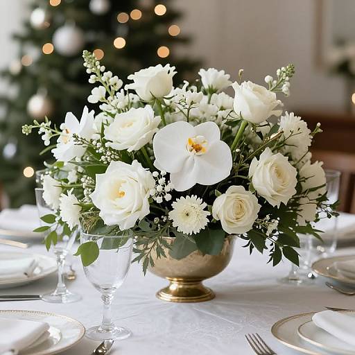 Photograph of a lush white floral arrangement in a gold vase, centered on a white-laced table, with blurred Christmas lights in the background. Elegant